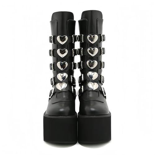 FQLGJMY Damen Knie hohe Keil Plattform Stiefel mit Chunky hohe Plattform Absatz Spitze Up & Reißverschluss Punk Goth Mitte Kalb Kampfstiefel Motorrad Stiefel mit Metallschnallen für Herbst Winter von FQLGJMY