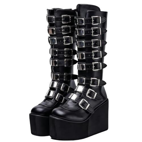 FQLGJMY Damen Knie hohe Keil Plattform Stiefel mit Chunky hohe Plattform Absatz Spitze Up & Reißverschluss Punk Goth Mitte Kalb Kampfstiefel Motorrad Stiefel mit Metallschnallen für Herbst Winter von FQLGJMY