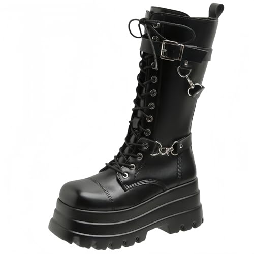 FQLGJMY Damen Knie hohe Keil Plattform Stiefel mit Chunky hohe Plattform Absatz Spitze Up & Reißverschluss Punk Goth Mitte Kalb Kampfstiefel Motorrad Stiefel mit Metallschnallen für Herbst Winter von FQLGJMY