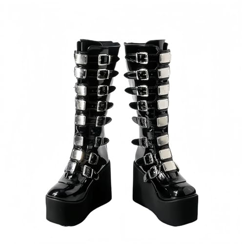FQLGJMY Damen Knie hohe Keil Plattform Stiefel mit Chunky hohe Plattform Absatz Spitze Up & Reißverschluss Punk Goth Mitte Kalb Kampfstiefel Motorrad Stiefel mit Metallschnallen für Herbst Winter von FQLGJMY