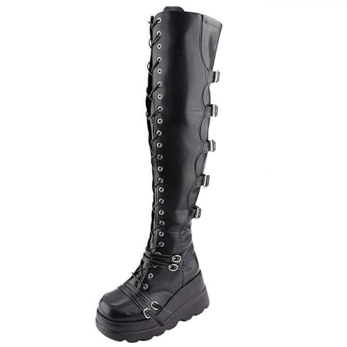 FQLGJMY Damen Knie hohe Keil Plattform Stiefel mit Chunky hohe Plattform Absatz Spitze Up & Reißverschluss Punk Goth Mitte Kalb Kampfstiefel Motorrad Stiefel mit Metallschnallen für Herbst Winter von FQLGJMY