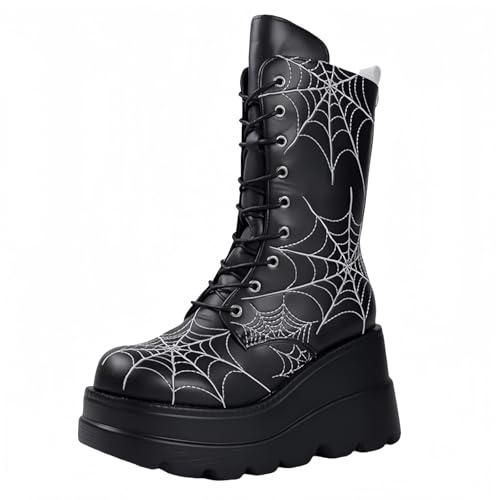 FQLGJMY Damen Knie hohe Keil Plattform Stiefel mit Chunky hohe Plattform Absatz Spitze Up & Reißverschluss Punk Goth Mitte Kalb Kampfstiefel Motorrad Stiefel mit Metallschnallen für Herbst Winter von FQLGJMY