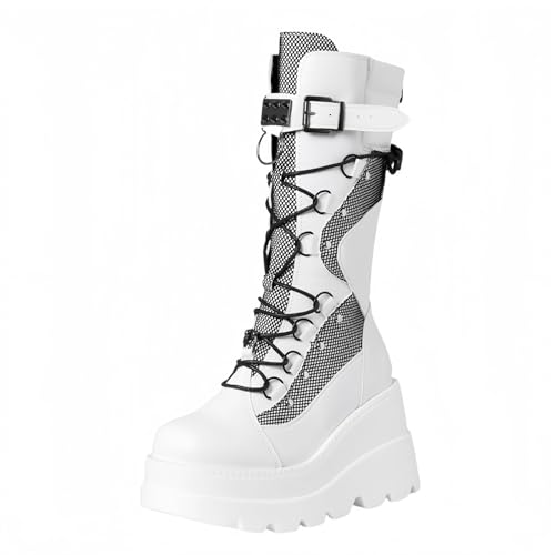 FQLGJMY Damen Knie hohe Keil Plattform Stiefel mit Chunky hohe Plattform Absatz Spitze Up & Reißverschluss Punk Goth Mitte Kalb Kampfstiefel Motorrad Stiefel mit Metallschnallen für Herbst Winter von FQLGJMY