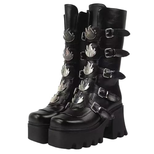 FQLGJMY Damen Knie hohe Keil Plattform Stiefel mit Chunky hohe Plattform Absatz Spitze Up & Reißverschluss Punk Goth Mitte Kalb Kampfstiefel Motorrad Stiefel mit Metallschnallen für Herbst Winter von FQLGJMY
