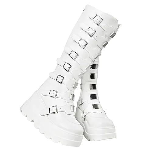FQLGJMY Damen Knie hohe Keil Plattform Stiefel mit Chunky hohe Plattform Absatz Spitze Up & Reißverschluss Punk Goth Mitte Kalb Kampfstiefel Motorrad Stiefel mit Metallschnallen für Herbst Winter von FQLGJMY