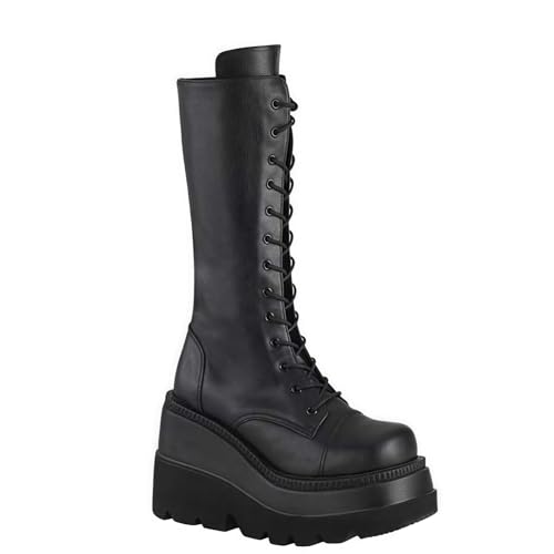 FQLGJMY Damen Knie hohe Keil Plattform Stiefel mit Chunky hohe Plattform Absatz Spitze Up & Reißverschluss Punk Goth Mitte Kalb Kampfstiefel Motorrad Stiefel mit Metallschnallen für Herbst Winter von FQLGJMY