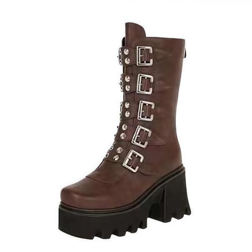 FQLGJMY Damen Knie hohe Keil Plattform Stiefel mit Chunky hohe Plattform Absatz Spitze Up & Reißverschluss Punk Goth Mitte Kalb Kampfstiefel Motorrad Stiefel mit Metallschnallen für Herbst Winter von FQLGJMY