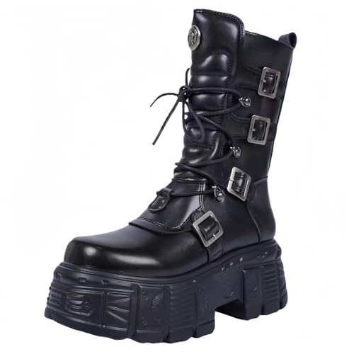 FQLGJMY Damen Knie hohe Keil Plattform Stiefel mit Chunky hohe Plattform Absatz Spitze Up & Reißverschluss Punk Goth Mitte Kalb Kampfstiefel Motorrad Stiefel mit Metallschnallen für Herbst Winter von FQLGJMY