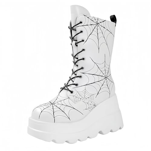 FQLGJMY Damen Knie hohe Keil Plattform Stiefel mit Chunky hohe Plattform Absatz Spitze Up & Reißverschluss Punk Goth Mitte Kalb Kampfstiefel Motorrad Stiefel mit Metallschnallen für Herbst Winter von FQLGJMY