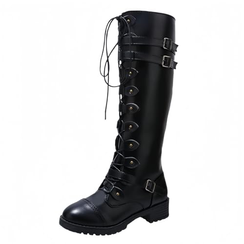 FQLGJMY Damen Knie hohe Keil Plattform Stiefel mit Chunky hohe Plattform Absatz Spitze Up & Reißverschluss Punk Goth Mitte Kalb Kampfstiefel Motorrad Stiefel mit Metallschnallen für Herbst Winter von FQLGJMY