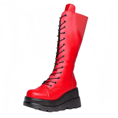 FQLGJMY Damen Knie hohe Keil Plattform Stiefel mit Chunky hohe Plattform Absatz Spitze Up & Reißverschluss Punk Goth Mitte Kalb Kampfstiefel Motorrad Stiefel mit Metallschnallen für Herbst Winter von FQLGJMY