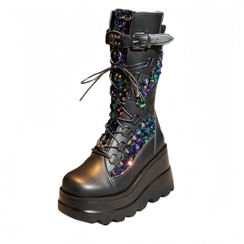 FQLGJMY Damen Knie hohe Keil Plattform Stiefel mit Chunky hohe Plattform Absatz Spitze Up & Reißverschluss Punk Goth Mitte Kalb Kampfstiefel Motorrad Stiefel mit Metallschnallen für Herbst Winter von FQLGJMY