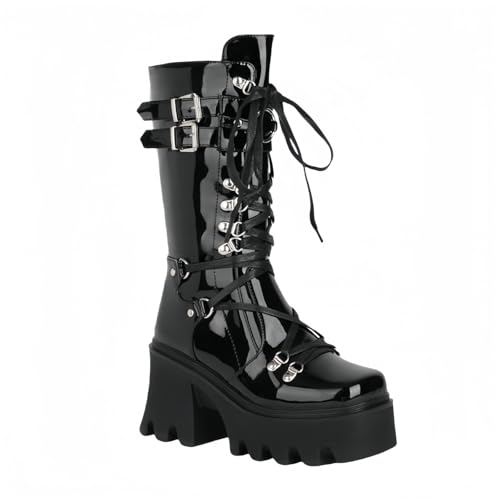 FQLGJMY Damen Knie hohe Keil Plattform Stiefel mit Chunky hohe Plattform Absatz Spitze Up & Reißverschluss Punk Goth Mitte Kalb Kampfstiefel Motorrad Stiefel mit Metallschnallen für Herbst Winter von FQLGJMY
