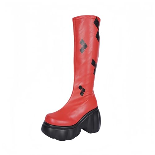 FQLGJMY Damen Knie hohe Keil Plattform Stiefel mit Chunky hohe Plattform Absatz Spitze Up & Reißverschluss Punk Goth Mitte Kalb Kampfstiefel Motorrad Stiefel mit Metallschnallen für Herbst Winter von FQLGJMY