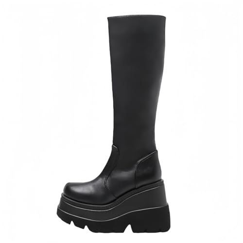 FQLGJMY Damen Knie hohe Keil Plattform Stiefel mit Chunky hohe Plattform Absatz Spitze Up & Reißverschluss Punk Goth Mitte Kalb Kampfstiefel Motorrad Stiefel mit Metallschnallen für Herbst Winter von FQLGJMY
