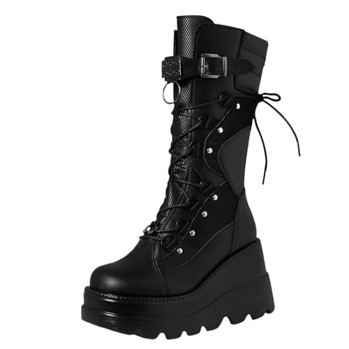 FQLGJMY Damen Knie hohe Keil Plattform Stiefel mit Chunky hohe Plattform Absatz Spitze Up & Reißverschluss Punk Goth Mitte Kalb Kampfstiefel Motorrad Stiefel mit Metallschnallen für Herbst Winter von FQLGJMY
