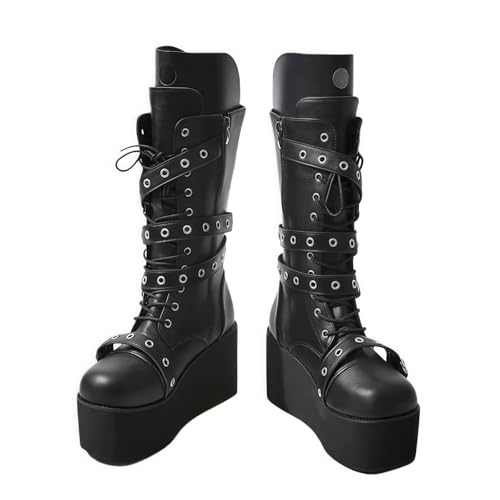 FQLGJMY Damen Knie hohe Keil Plattform Stiefel mit Chunky hohe Plattform Absatz Spitze Up & Reißverschluss Punk Goth Mitte Kalb Kampfstiefel Motorrad Stiefel mit Metallschnallen für Herbst Winter von FQLGJMY