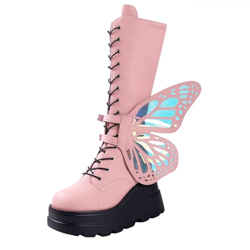 FQLGJMY Damen Knie hohe Keil Plattform Stiefel mit Chunky hohe Plattform Absatz Spitze Up & Reißverschluss Punk Goth Mitte Kalb Kampfstiefel Motorrad Stiefel mit Metallschnallen für Herbst Winter von FQLGJMY