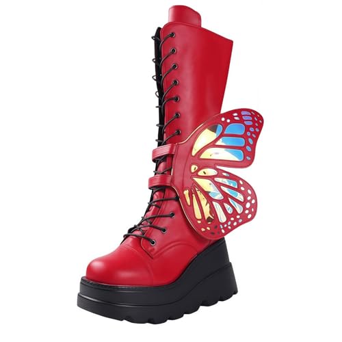 FQLGJMY Damen Knie hohe Keil Plattform Stiefel mit Chunky hohe Plattform Absatz Spitze Up & Reißverschluss Punk Goth Mitte Kalb Kampfstiefel Motorrad Stiefel mit Metallschnallen für Herbst Winter von FQLGJMY