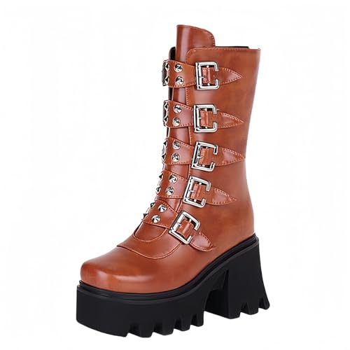 FQLGJMY Damen Knie hohe Keil Plattform Stiefel mit Chunky hohe Plattform Absatz Spitze Up & Reißverschluss Punk Goth Mitte Kalb Kampfstiefel Motorrad Stiefel mit Metallschnallen für Herbst Winter von FQLGJMY