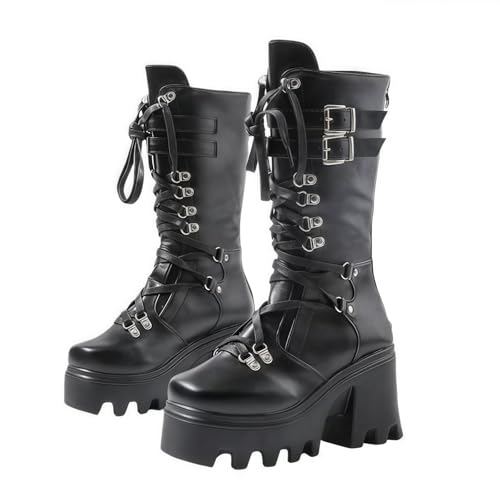 FQLGJMY Damen Knie hohe Keil Plattform Stiefel mit Chunky hohe Plattform Absatz Spitze Up & Reißverschluss Punk Goth Mitte Kalb Kampfstiefel Motorrad Stiefel mit Metallschnallen für Herbst Winter von FQLGJMY