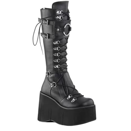 FQLGJMY Damen Knie hohe Keil Plattform Stiefel mit Chunky hohe Plattform Absatz Spitze Up & Reißverschluss Punk Goth Mitte Kalb Kampfstiefel Motorrad Stiefel mit Metallschnallen für Herbst Winter von FQLGJMY