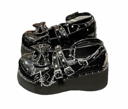 FQLGJMY Damen Lolita Mary Jane Schuhe Gothic Runde Zehenpartie Klobiger Plateauabsatz Spitze Bunt Punkrock Süß Kawaii Mit JK Bubble Princess-Kleid Denim-Lederrock Jeans von FQLGJMY