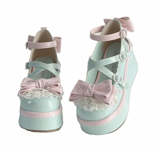 FQLGJMY Damen Lolita Mary Jane Schuhe Gothic Runde Zehenpartie Klobiger Plateauabsatz Spitze Bunt Punkrock Süß Kawaii Mit JK Bubble Princess-Kleid Denim-Lederrock Jeans von FQLGJMY