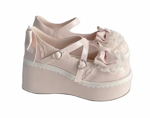FQLGJMY Damen Lolita Mary Jane Schuhe Gothic Runde Zehenpartie Klobiger Plateauabsatz Spitze Bunt Punkrock Süß Kawaii Mit JK Bubble Princess-Kleid Denim-Lederrock Jeans von FQLGJMY