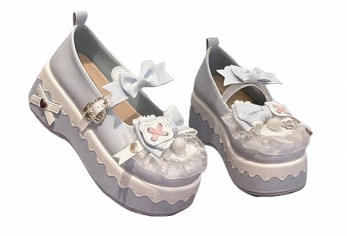 FQLGJMY Damen Lolita Mary Jane Schuhe Gothic Runde Zehenpartie Klobiger Plateauabsatz Spitze Bunt Punkrock Süß Kawaii Mit JK Bubble Princess-Kleid Denim-Lederrock Jeans von FQLGJMY