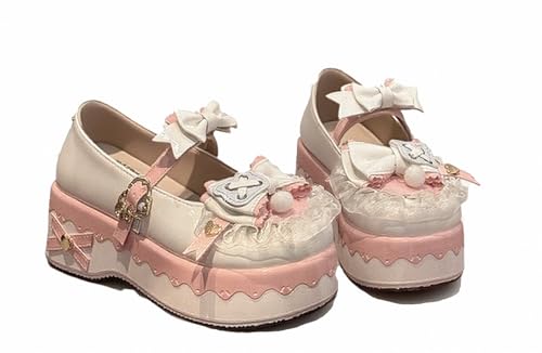 FQLGJMY Damen Lolita Mary Jane Schuhe Gothic Runde Zehenpartie Klobiger Plateauabsatz Spitze Bunt Punkrock Süß Kawaii Mit JK Bubble Princess-Kleid Denim-Lederrock Jeans von FQLGJMY