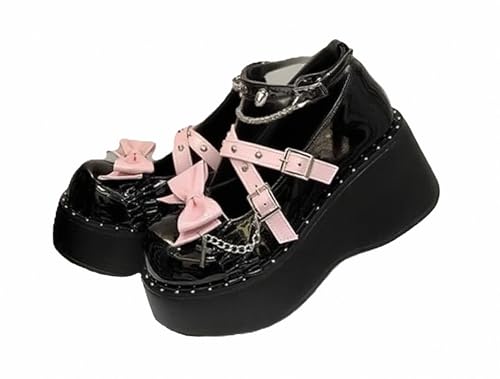 FQLGJMY Damen Lolita Mary Jane Schuhe Gothic Runde Zehenpartie Klobiger Plateauabsatz Spitze Bunt Punkrock Süß Kawaii Mit JK Bubble Princess-Kleid Denim-Lederrock Jeans von FQLGJMY