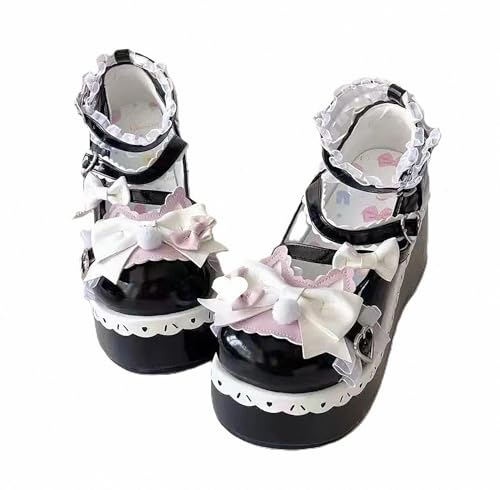FQLGJMY Damen Lolita Mary Jane Schuhe Gothic Runde Zehenpartie Klobiger Plateauabsatz Spitze Bunt Punkrock Süß Kawaii Mit JK Bubble Princess-Kleid Denim-Lederrock Jeans von FQLGJMY