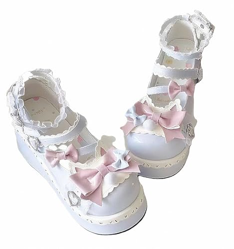 FQLGJMY Damen Lolita Mary Jane Schuhe Gothic Runde Zehenpartie Klobiger Plateauabsatz Spitze Bunt Punkrock Süß Kawaii Mit JK Bubble Princess-Kleid Denim-Lederrock Jeans von FQLGJMY