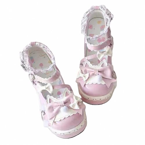 FQLGJMY Damen Lolita Mary Jane Schuhe Gothic Runde Zehenpartie Klobiger Plateauabsatz Spitze Bunt Punkrock Süß Kawaii Mit JK Bubble Princess-Kleid Denim-Lederrock Jeans von FQLGJMY