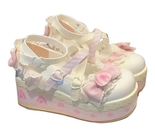 FQLGJMY Damen Lolita Mary Jane Schuhe Gothic Runde Zehenpartie Klobiger Plateauabsatz Spitze Bunt Punkrock Süß Kawaii Mit JK Bubble Princess-Kleid Denim-Lederrock Jeans von FQLGJMY
