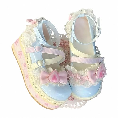 FQLGJMY Damen Lolita Mary Jane Schuhe Gothic Runde Zehenpartie Klobiger Plateauabsatz Spitze Bunt Punkrock Süß Kawaii Mit JK Bubble Princess-Kleid Denim-Lederrock Jeans von FQLGJMY