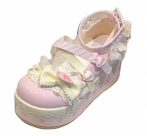 FQLGJMY Damen Lolita Mary Jane Schuhe Gothic Runde Zehenpartie Klobiger Plateauabsatz Spitze Bunt Punkrock Süß Kawaii Mit JK Bubble Princess-Kleid Denim-Lederrock Jeans von FQLGJMY