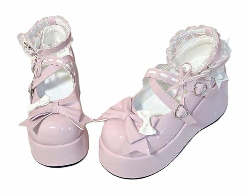 FQLGJMY Damen Lolita Mary Jane Schuhe Gothic Runde Zehenpartie Klobiger Plateauabsatz Spitze Bunt Punkrock Süß Kawaii Mit JK Bubble Princess-Kleid Denim-Lederrock Jeans von FQLGJMY