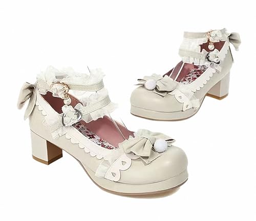 FQLGJMY Damen Lolita Mary Jane Schuhe Gothic Runde Zehenpartie Klobiger Plateauabsatz Spitze Bunt Punkrock Süß Kawaii Mit JK Bubble Princess-Kleid Denim-Lederrock Jeans von FQLGJMY
