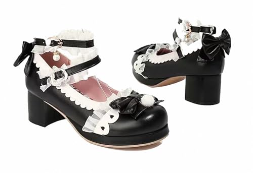 FQLGJMY Damen Lolita Mary Jane Schuhe Gothic Runde Zehenpartie Klobiger Plateauabsatz Spitze Bunt Punkrock Süß Kawaii Mit JK Bubble Princess-Kleid Denim-Lederrock Jeans von FQLGJMY