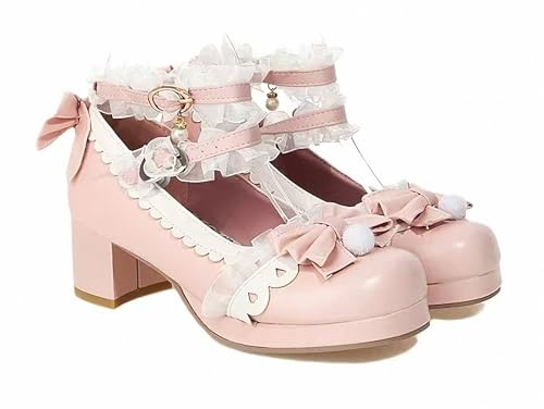 FQLGJMY Damen Lolita Mary Jane Schuhe Gothic Runde Zehenpartie Klobiger Plateauabsatz Spitze Bunt Punkrock Süß Kawaii Mit JK Bubble Princess-Kleid Denim-Lederrock Jeans von FQLGJMY
