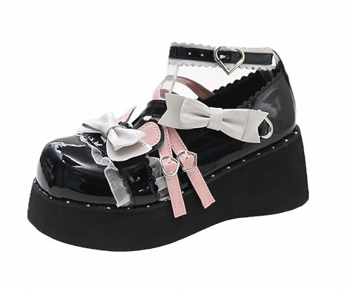 FQLGJMY Damen Lolita Mary Jane Schuhe Gothic Runde Zehenpartie Klobiger Plateauabsatz Spitze Bunt Punkrock Süß Kawaii Mit JK Bubble Princess-Kleid Denim-Lederrock Jeans von FQLGJMY