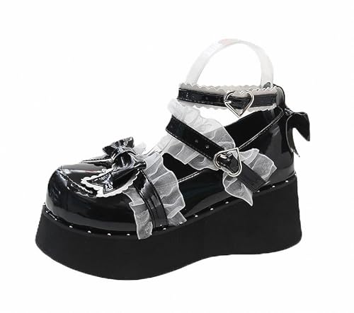 FQLGJMY Damen Lolita Mary Jane Schuhe Gothic Runde Zehenpartie Klobiger Plateauabsatz Spitze Bunt Punkrock Süß Kawaii Mit JK Bubble Princess-Kleid Denim-Lederrock Jeans von FQLGJMY