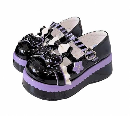 FQLGJMY Damen Lolita Mary Jane Schuhe Gothic Runde Zehenpartie Klobiger Plateauabsatz Spitze Bunt Punkrock Süß Kawaii Mit JK Bubble Princess-Kleid Denim-Lederrock Jeans von FQLGJMY
