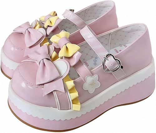 FQLGJMY Damen Lolita Mary Jane Schuhe Gothic Runde Zehenpartie Klobiger Plateauabsatz Spitze Bunt Punkrock Süß Kawaii Mit JK Bubble Princess-Kleid Denim-Lederrock Jeans von FQLGJMY
