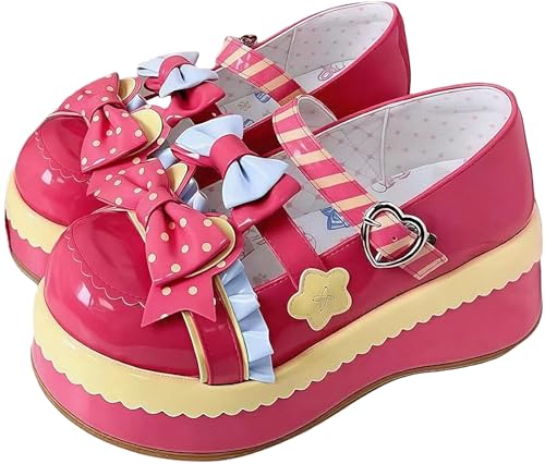 FQLGJMY Damen Lolita Mary Jane Schuhe Gothic Runde Zehenpartie Klobiger Plateauabsatz Spitze Bunt Punkrock Süß Kawaii Mit JK Bubble Princess-Kleid Denim-Lederrock Jeans von FQLGJMY
