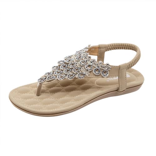 FQLGJMY Damen Sommer bequeme Knöchel Elastischer Gurt Sandalen mit Kristall Blumen Detail Komfort Fußbett Bohemian-Stil Farbige Strand Flache Schuhe für Kleider Urlaub offene Zehe von FQLGJMY