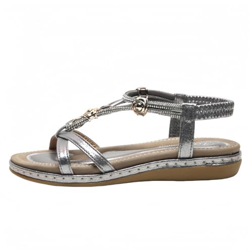 FQLGJMY Damen Sommer bequeme Knöchel Elastischer Gurt Sandalen mit Kristall Blumen Detail Komfort Fußbett Bohemian-Stil Farbige Strand Flache Schuhe für Kleider Urlaub offene Zehe von FQLGJMY