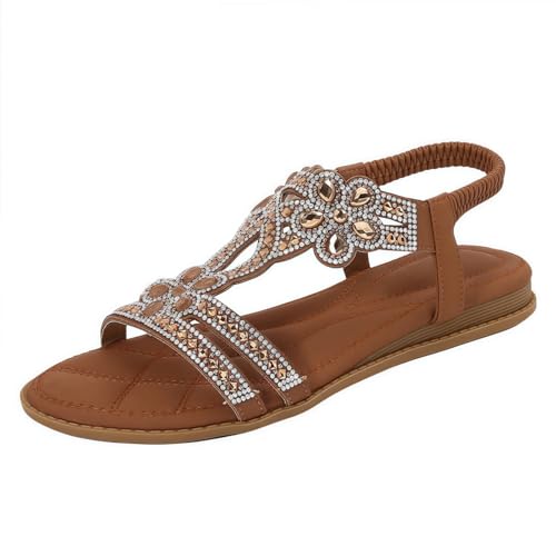 FQLGJMY Damen Sommer bequeme Knöchel Elastischer Gurt Sandalen mit Kristall Blumen Detail Komfort Fußbett Bohemian-Stil Farbige Strand Flache Schuhe für Kleider Urlaub offene Zehe von FQLGJMY